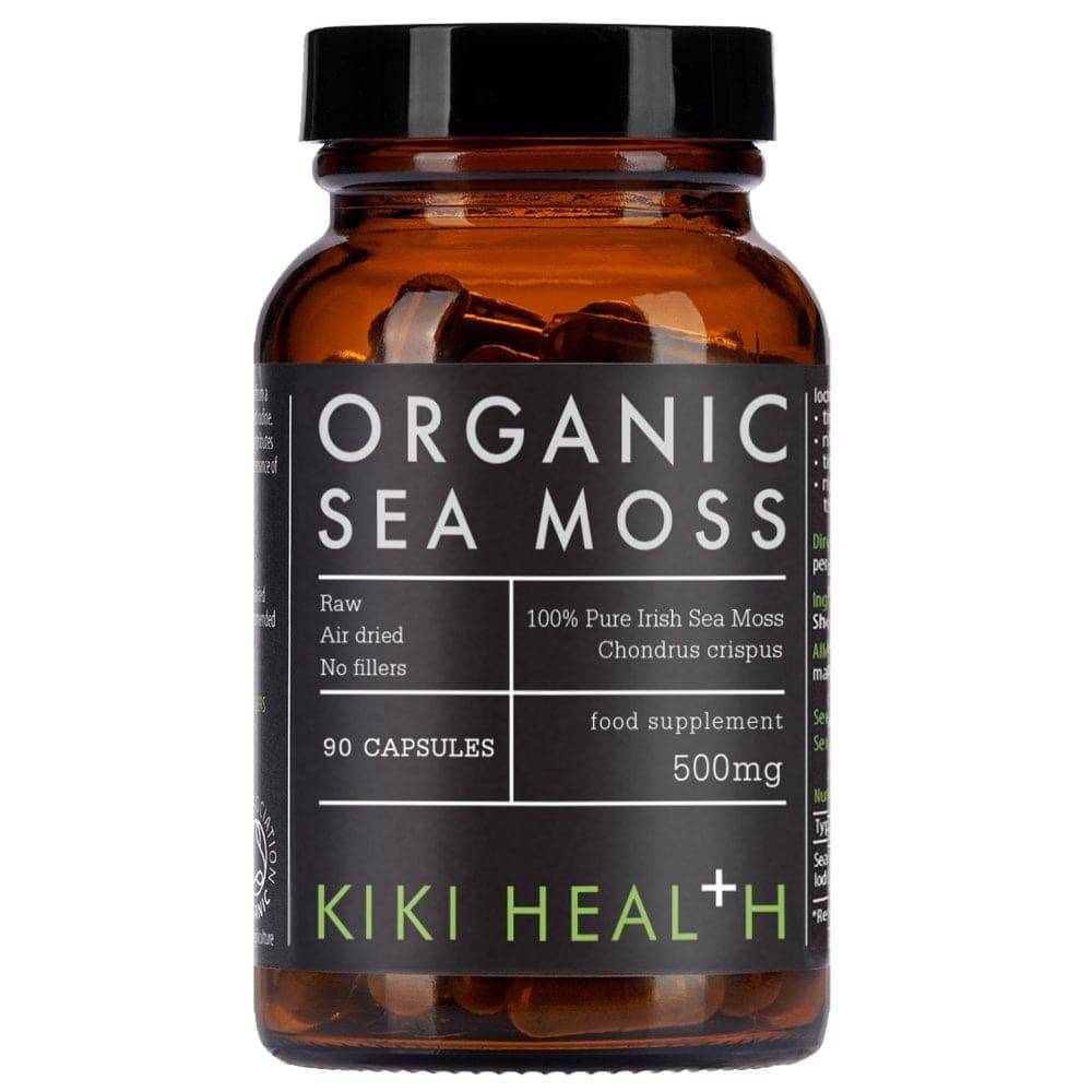 Organic Irish Sea Moss supplement capsules by Kiki Health, 90 vegan caps, rich in minerals and nutrients for overall health.