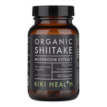 Kiki Health Organic Shiitake Mushroom Extract supplement in 60 vegan capsules, showing the bottle and capsules on a white background.
