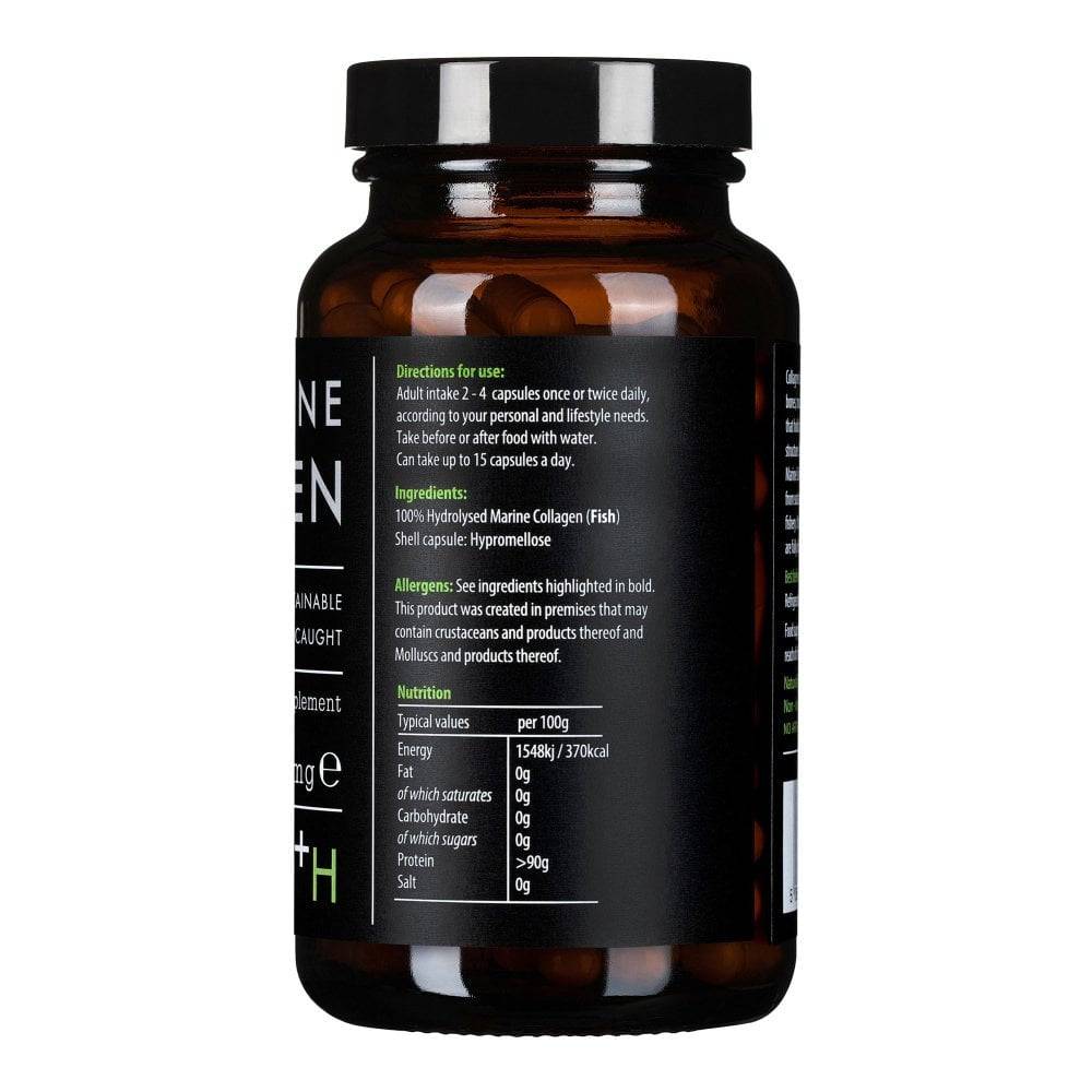 Kiki Health Pure Marine Collagen supplement in 150 vegan capsules, showing the supplement bottle with label details.