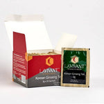 Open box of Lavivant Korean Ginseng Tea sachets showing 20 individual tea bags in a natural setting.