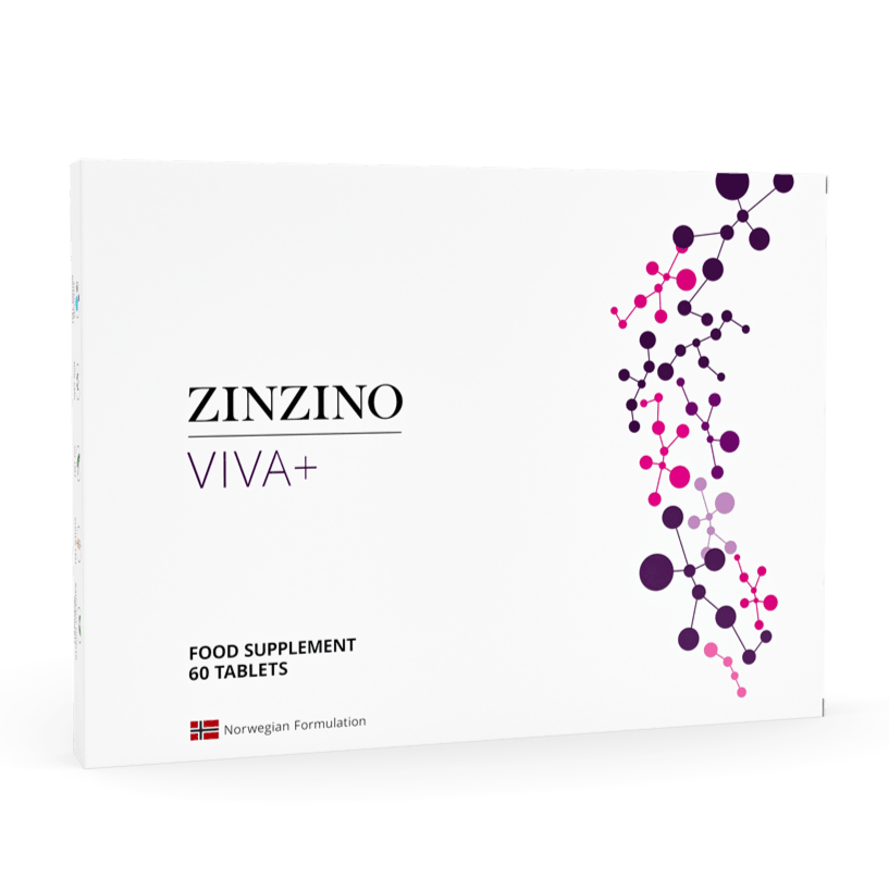 Zinzino Viva+ supplement bottle with 60 tablets, dietary supplement by Zinzino displayed against a plain background.