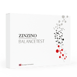 Zinzino BalanceTest kit for health assessment, featuring a white container with testing strips and instructions on a white background.