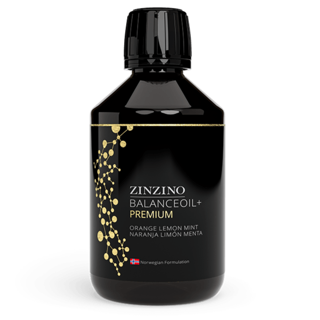 Zinzino BalanceOil+ Premium omega-3 supplement in a 300ml bottle with a clear label and cap, designed for healthy heart and brain.
