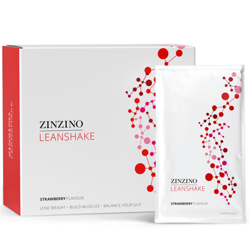 Zinzino LeanShake strawberry protein powder pack with 16 individual 30g servings, shown in a large, colorful image.
