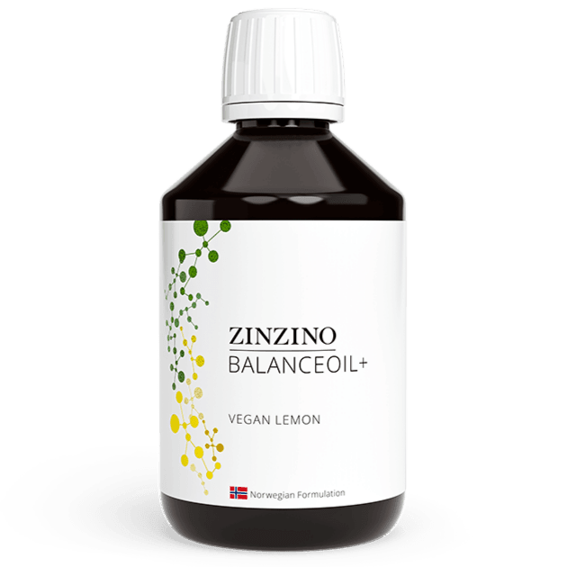 Zinzino BalanceOil+ Vegan Lemon bottle, 300ml, omega-3 supplement with lemon flavor in a clear bottle with yellow cap.