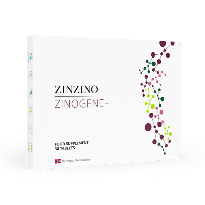 Zinzino ZinoGene+ supplement bottle with 30 tablets, natural health supplement for supporting wellness and immune health.