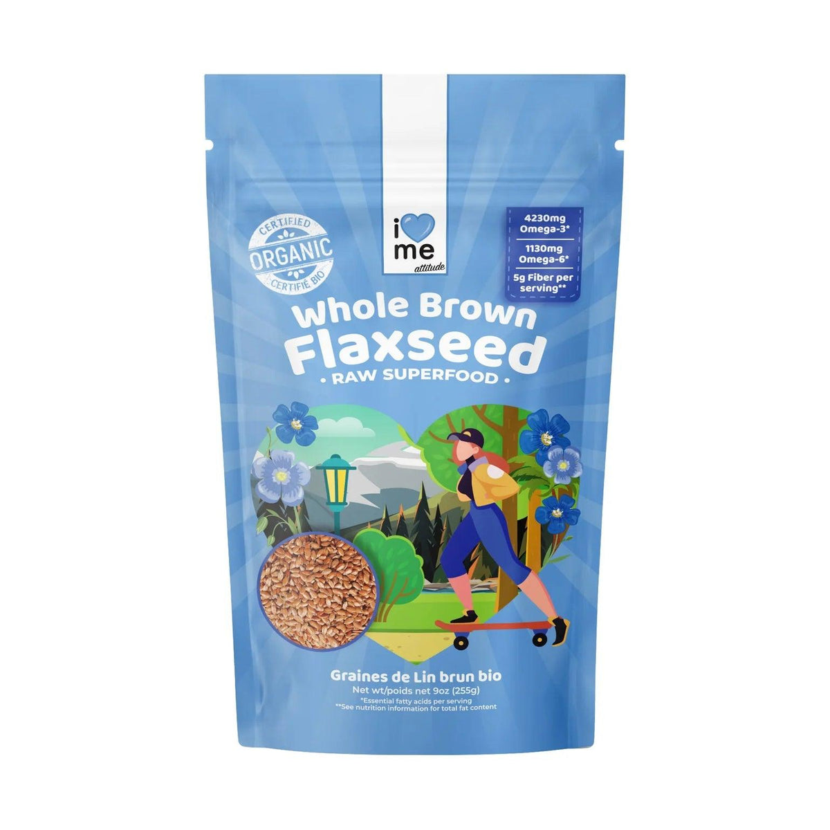 Organic raw brown flax seeds from ILOVE ME superfood brand, shown in a clear image of the 255g package.