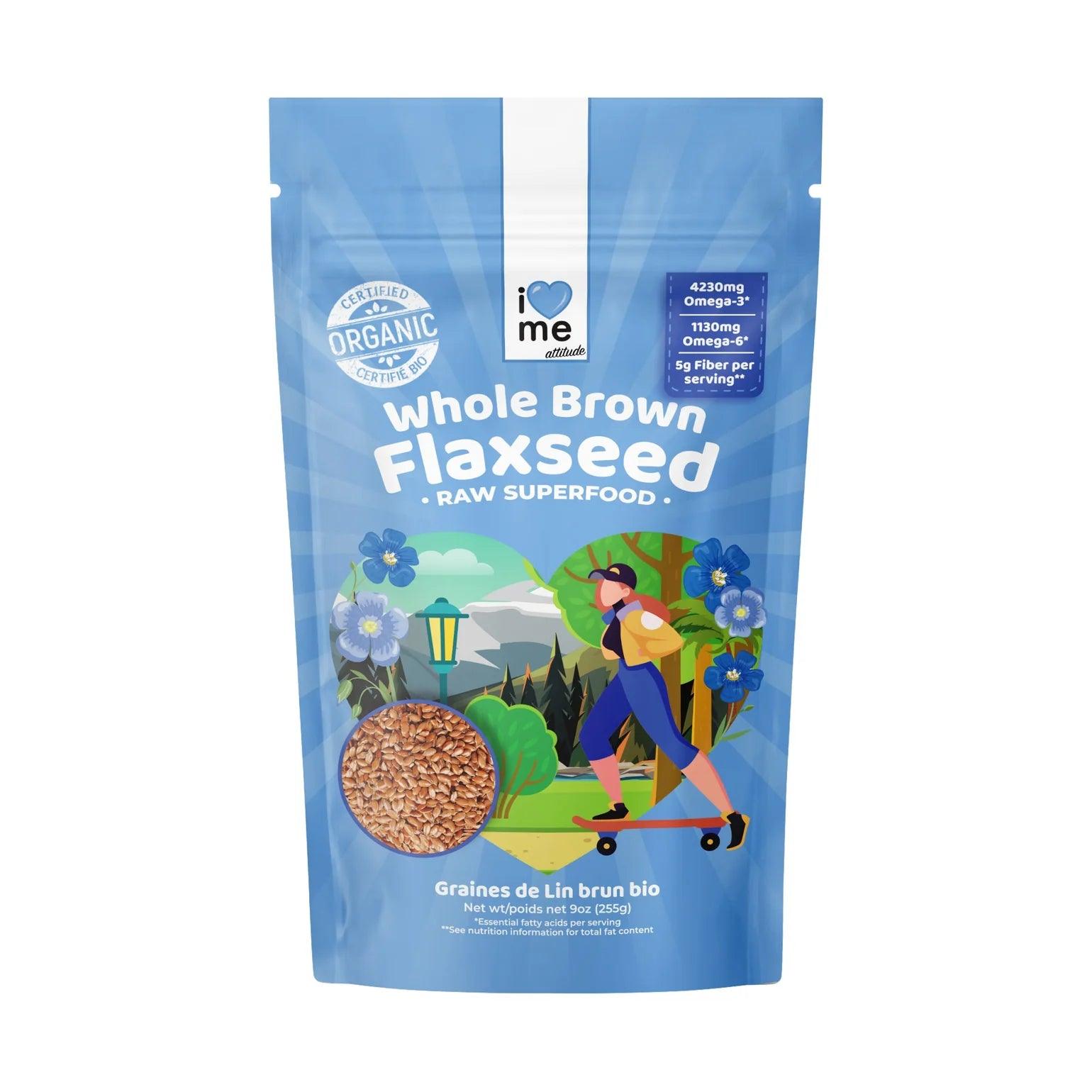 Organic raw brown flax seeds from ILOVE ME superfood brand, shown in a clear image of the 255g package.