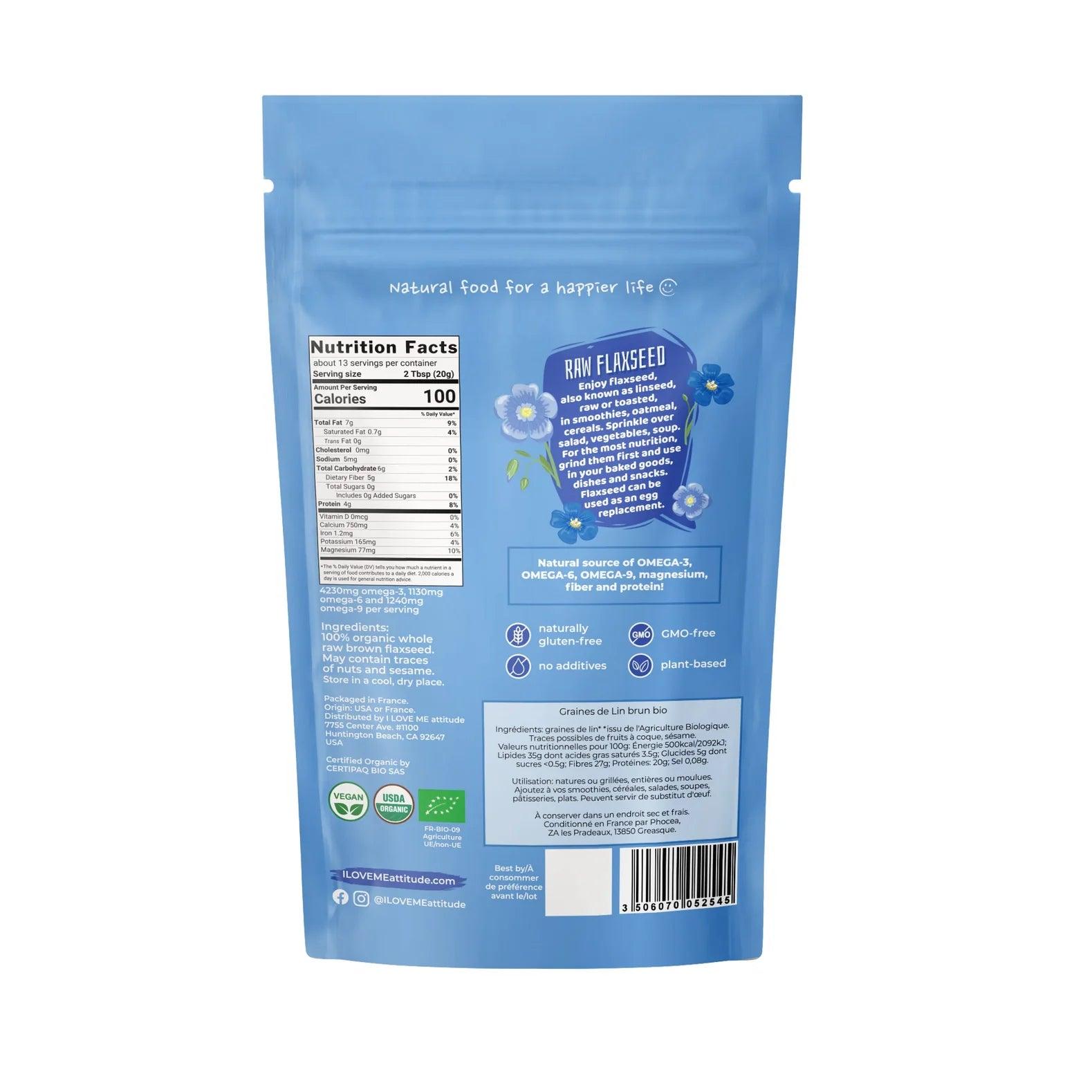 Organic raw brown flax seeds from ILOVE ME superfood brand, shown in a clear image highlighting the seeds' texture and natural color.