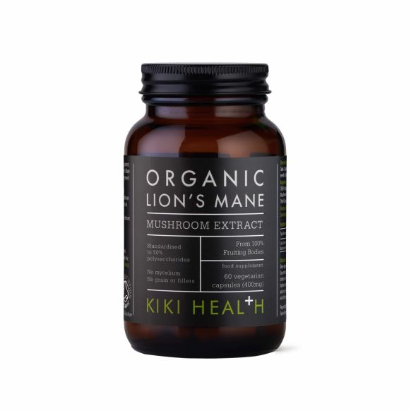 Organic Lion's Mane Mushroom extract capsules by HERBALISTAS, showing 60 veggie capsules in a clear container.