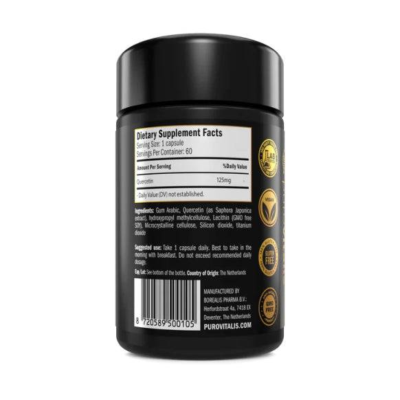 Liposomal Quercetin supplement by Purovitalis in 60 vegan capsules, showing the front of the bottle with capsules inside.