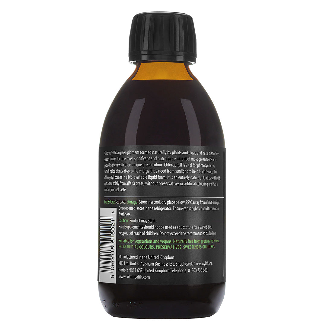 Herbalistas Kiki Health Liquid Chlorophyll supplement bottle, 250ml, showing the back label with product details and serving information.