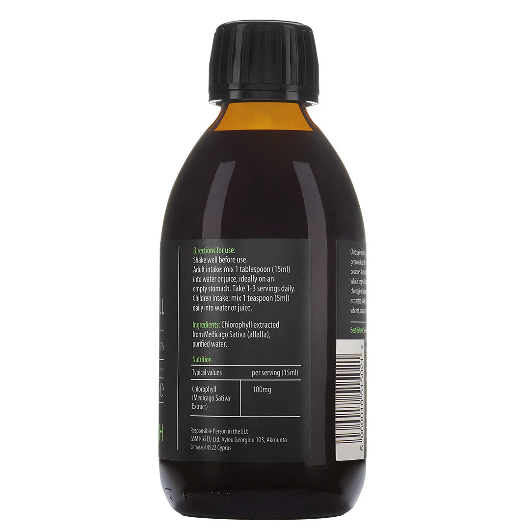 Liquid chlorophyll supplement bottle by Herbalistas, 250ml, showing the product label and clear liquid inside.