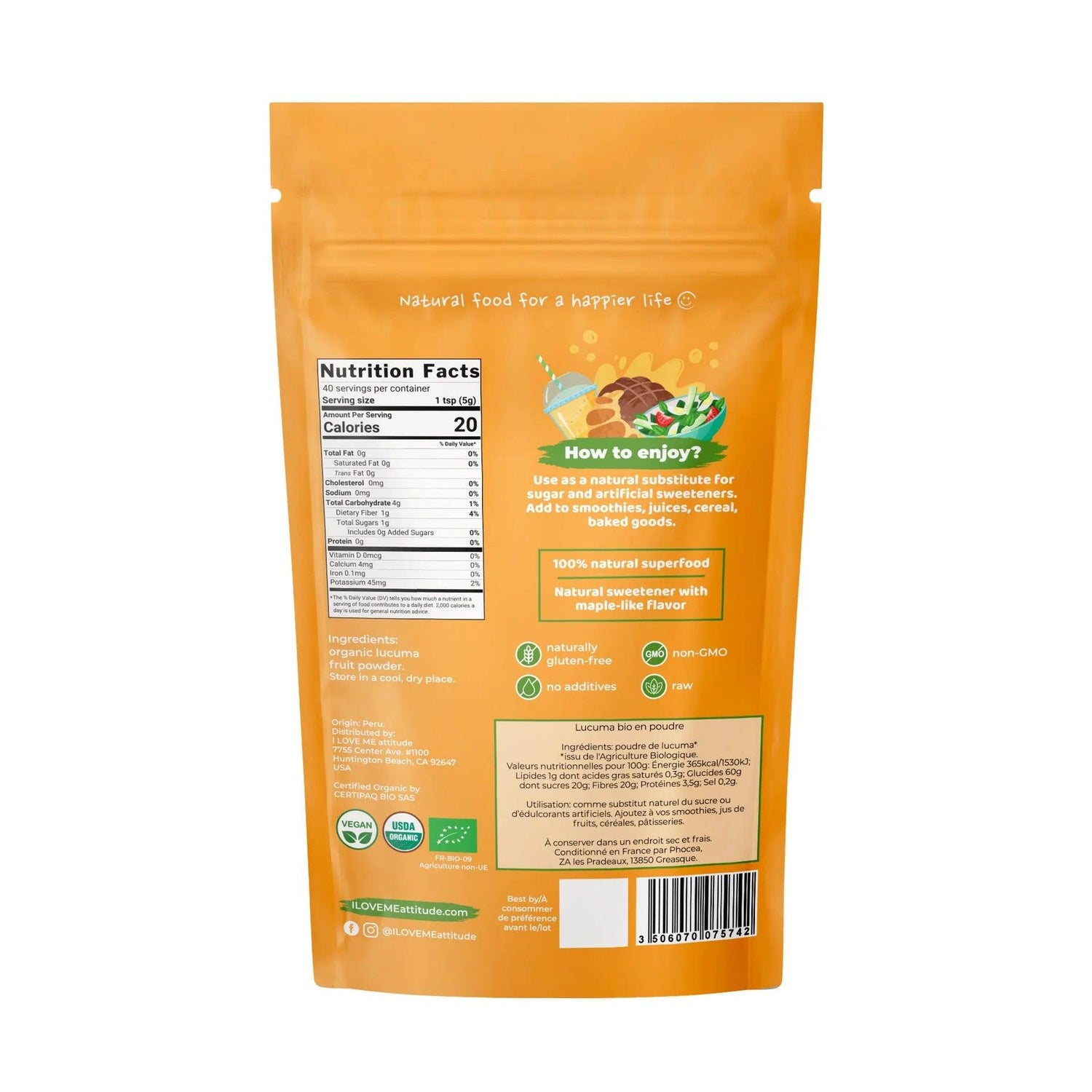 Organic Lucuma Powder from ILOVE ME, a natural plant-based superfood sweetener in a 200g package, shown in a resealable bag.