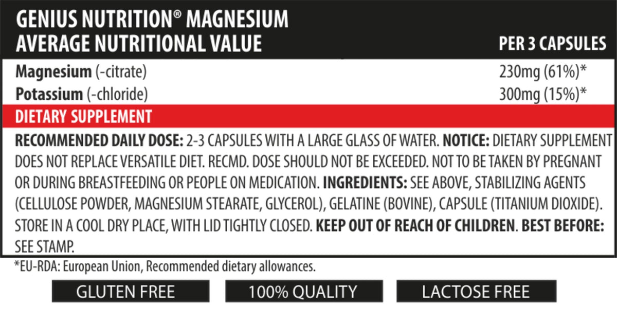 Genius Nutrition Magnesium supplement with 90 capsules, showing the bottle and label for muscle and nerve support.