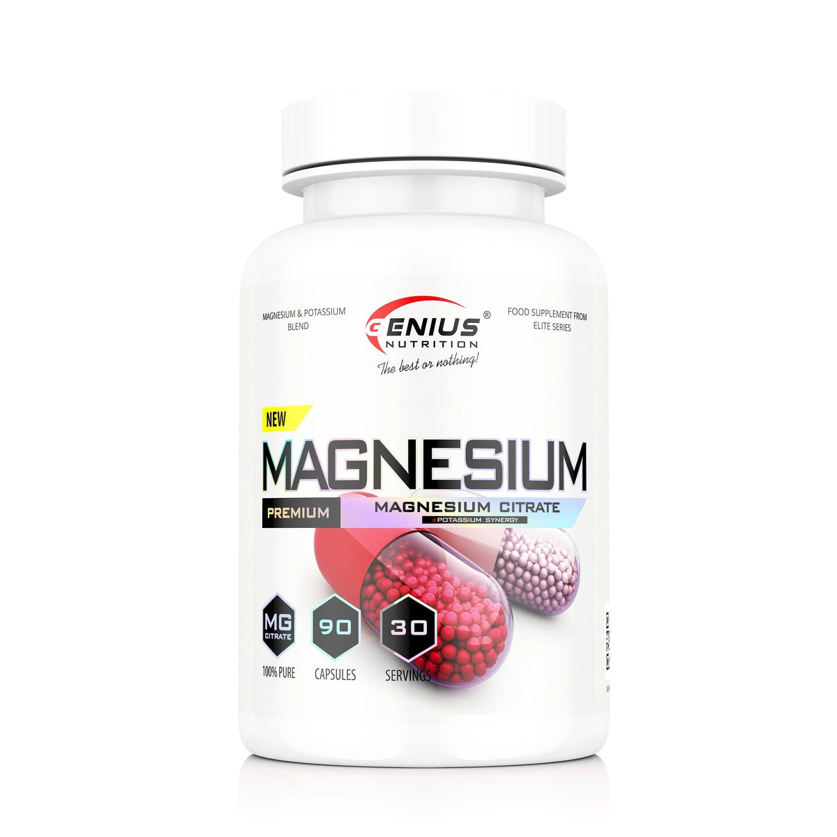 Bottle of Genius Nutrition Magnesium 90 capsules, dietary supplement in a clear container with a white label.