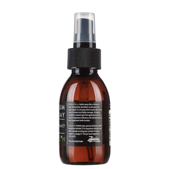 Herbalistas Kiki Health Magnesium Oil Spray 125ml, a supplement with a spray bottle showing magnesium oil on skin.