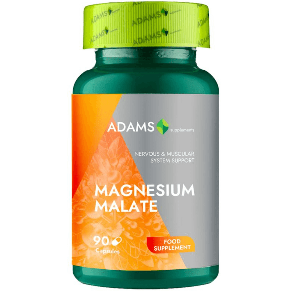 Bottle of Adams Supplements Magnesium Malate capsules showing the supplement label and 90 count packaging.