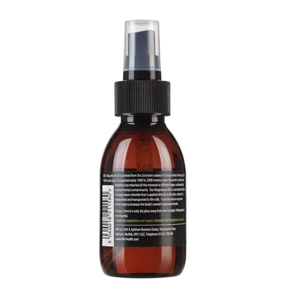 Herbalistas Kiki Health magnesium oil spray bottle with label, 125ml, showing the back of the supplement container.