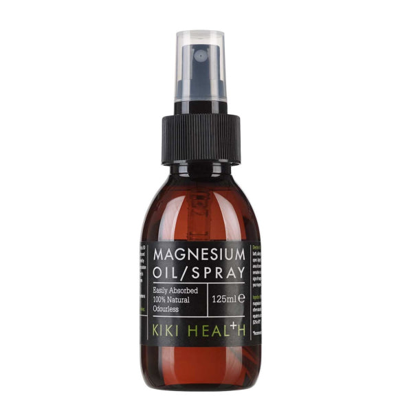 Herbalistas Kiki Health Magnesium Oil Spray 125ml, a natural supplement in a spray bottle, shown from the front.