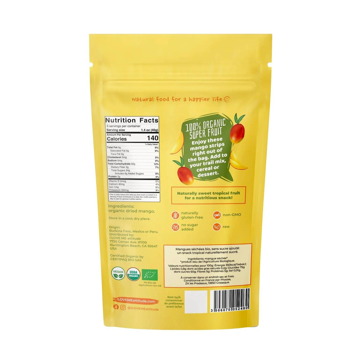 Organic dried mangoes from I LOVE ME, 115g, featuring vibrant, chewy dried mango slices in a resealable bag.