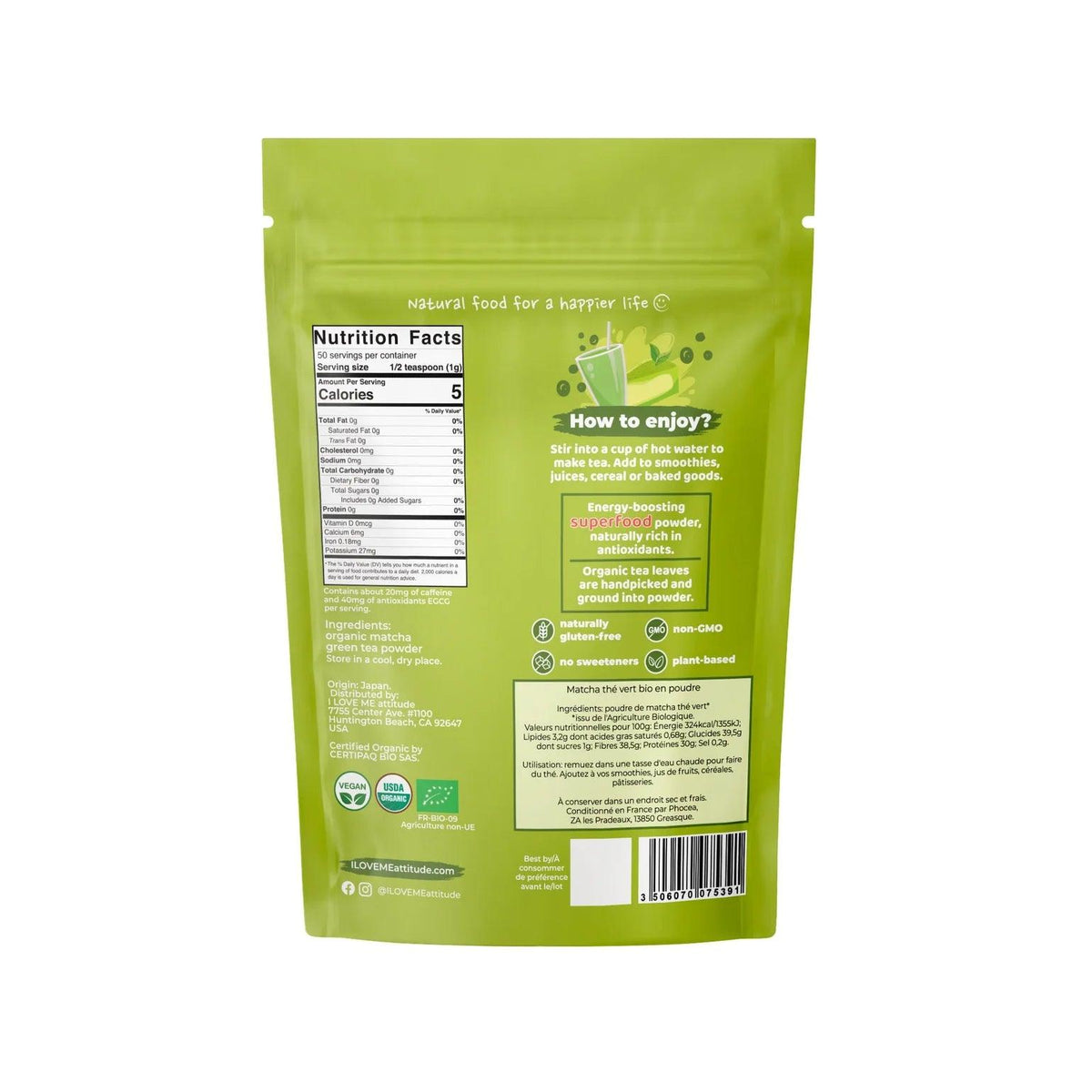 Organic I LOVE ME Matcha green tea powder in a 50g container, vibrant green powder ready for brewing or culinary use.