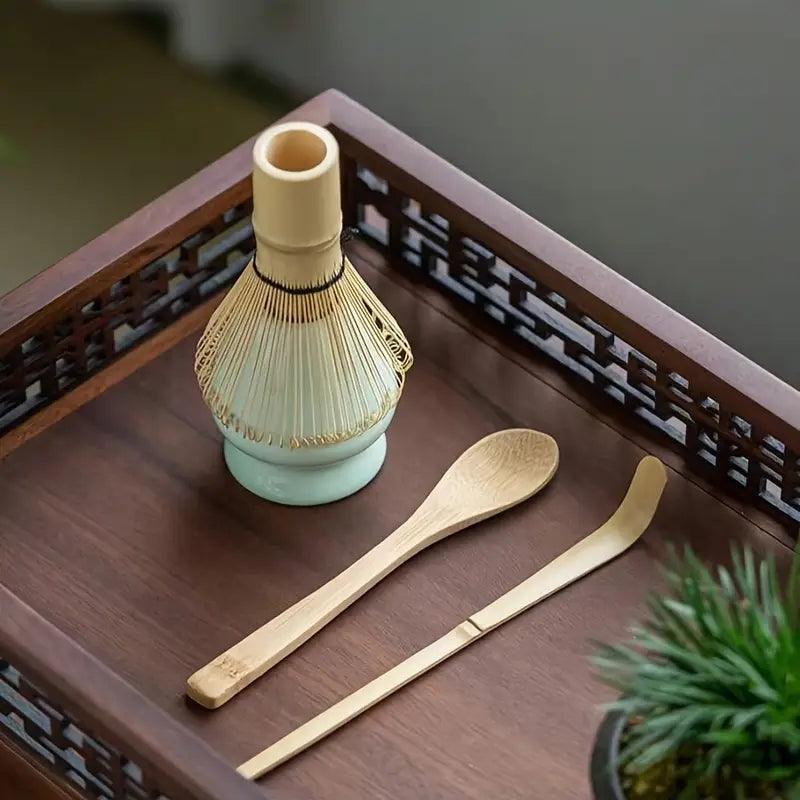 Set of 4 TEMU matcha bamboo whisk and tea spoon accessories for traditional Japanese tea preparation.