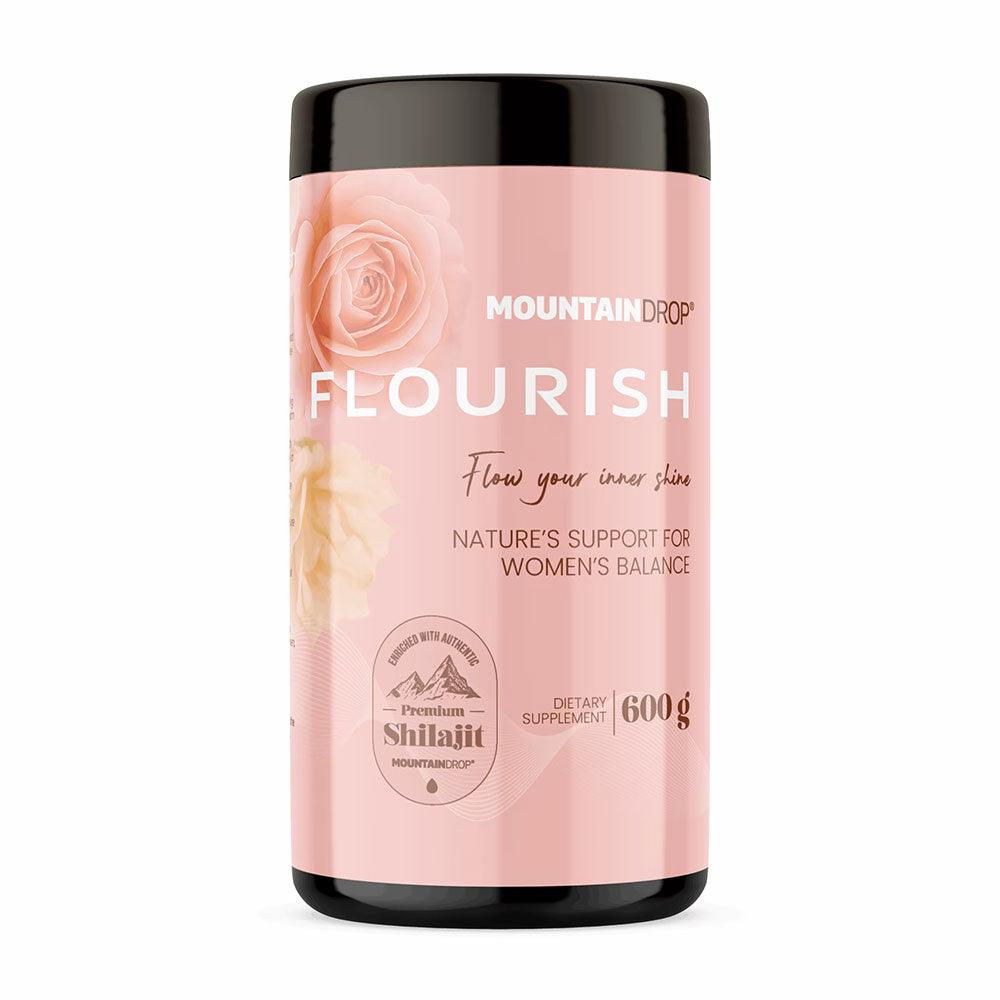 Herbalistas MountainDrop FLOURISH natural Shilajit blend supplement jar with label, 600g, front view with shadow on white background.
