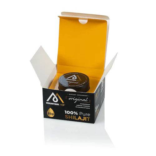 Open box of MountainDrop Herbalistas Original 100% Pure Natural Mumijo Shilajit Resin, 25g, showing the dark resin inside.