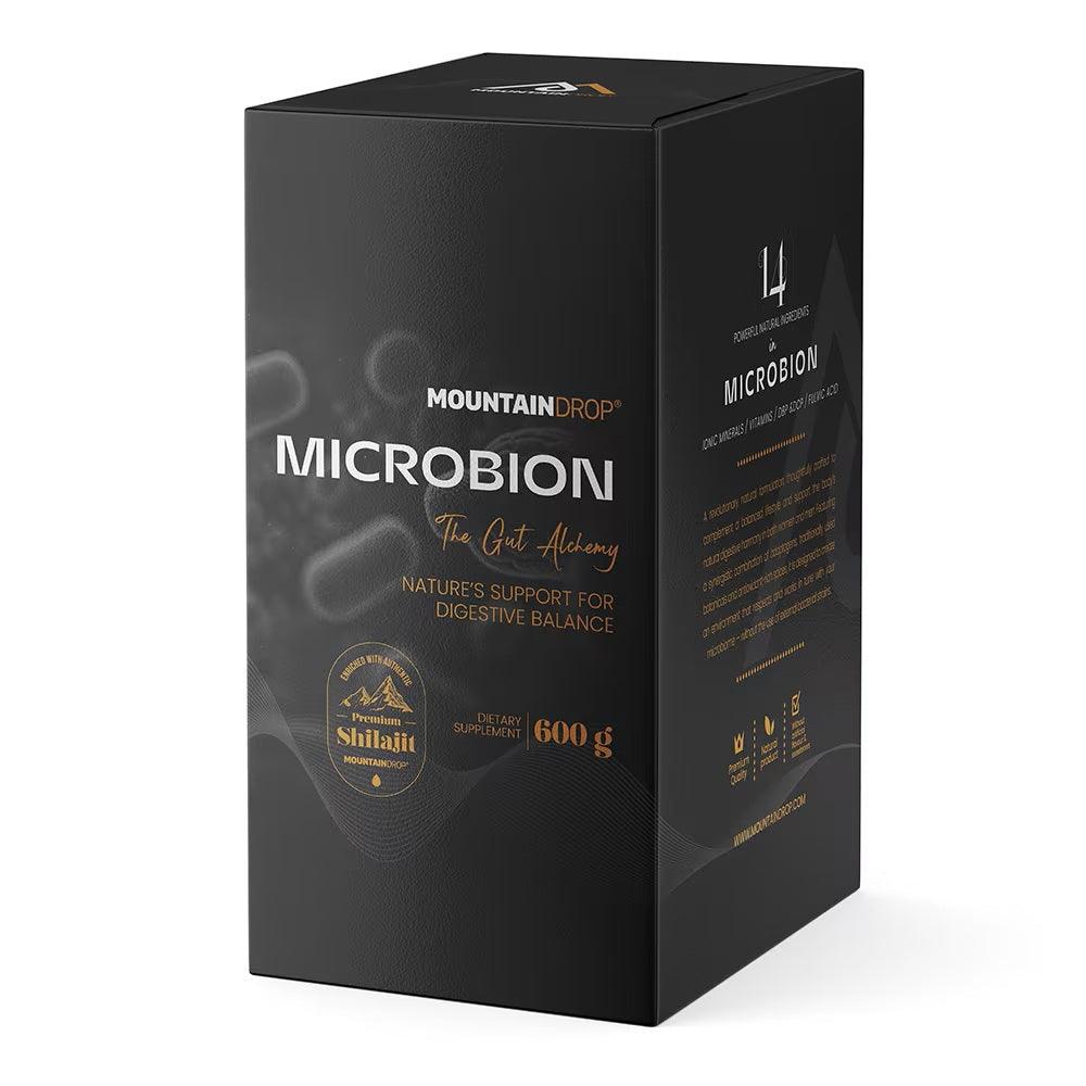 Herbalistas MountainDrop MICROBION supplement box with natural blend for gut health, 600g, featuring white packaging and product label.