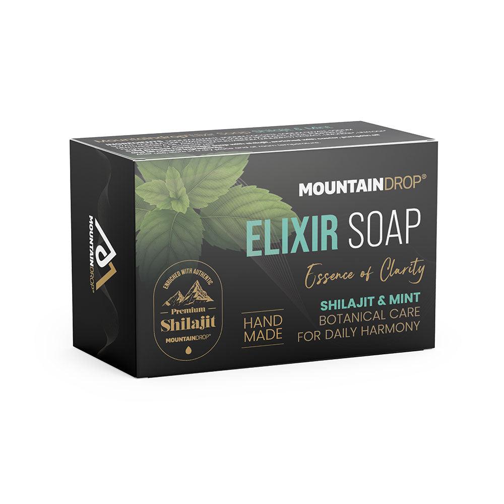 Herbalistas MountainDrop Elixir Soap with Shilajit and Mint in a 100g box, featuring a mint and herbal soap bar with packaging.