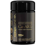 Herbalistas Slow Release Calcium AKG supplement with 60 tablets, featuring white and blue packaging and tablets inside a blister pack.