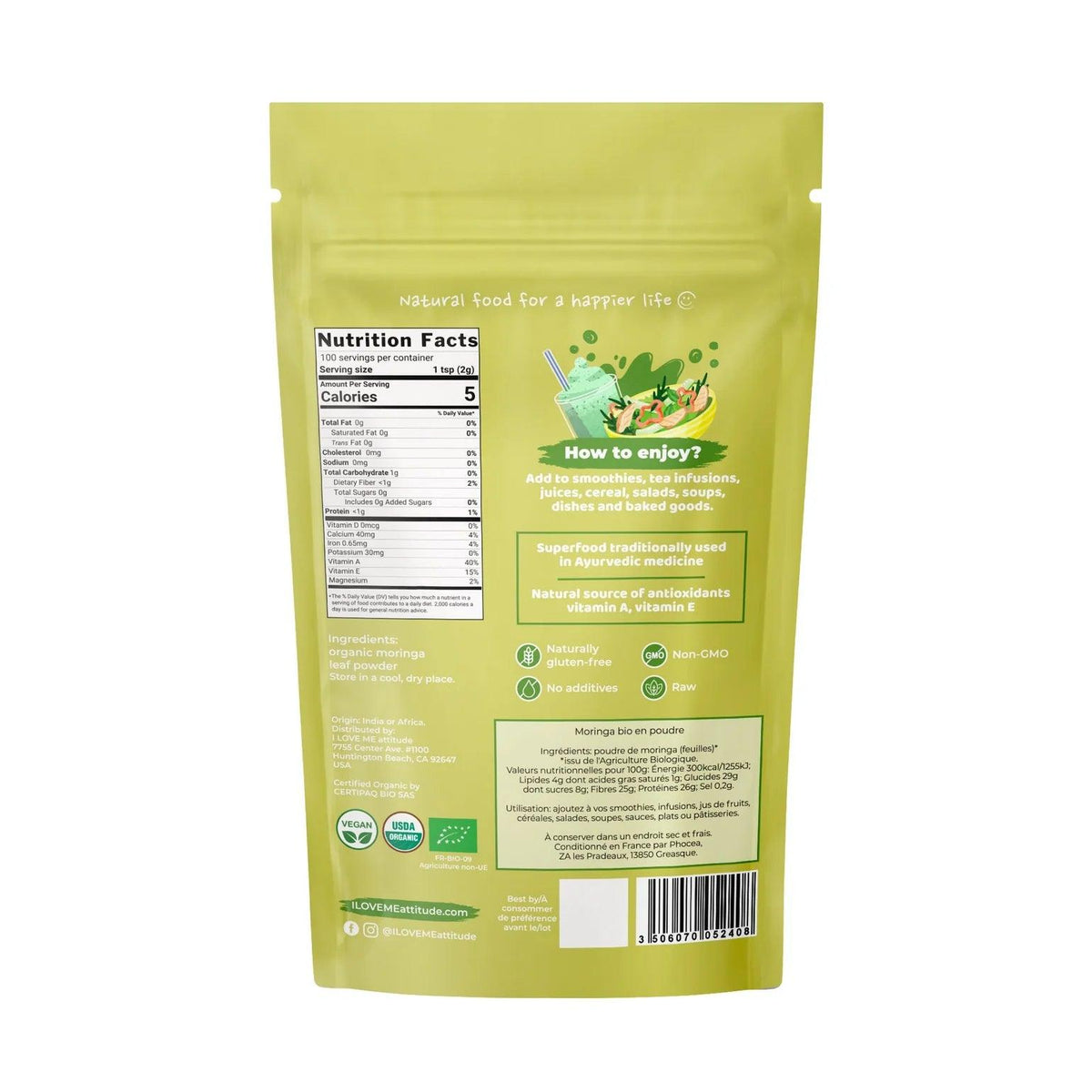 Organic Moringa powder supplement from Herbalistas, 200g package, showing a vibrant green powder in a clear container.