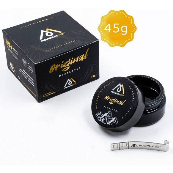 MountainDrop Original 100% pure Himalayas Shilajit resin supplement by Herbalistas in a 45g box, natural mineral-rich health product.