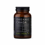 Organic Kiki Health Chaga Mushroom Extract Powder supplement in a jar, showing the powder's texture and natural appearance.