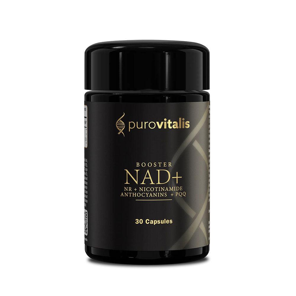 Herbalistas Purovitalis NAD+ Booster supplement bottle with 30 capsules, front view showing label and capsules.