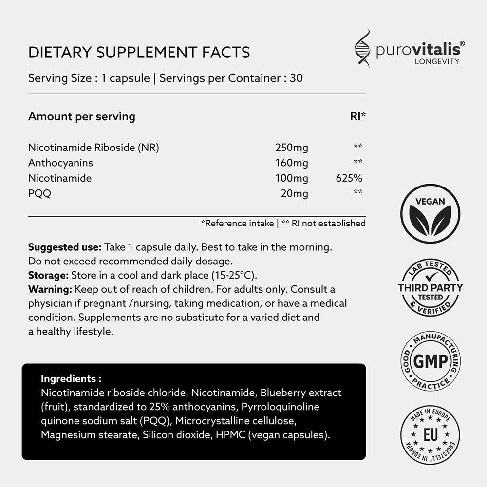 Herbalistas Purovitalis NAD+ Booster supplement capsules with natural ingredients, displayed in a bottle.