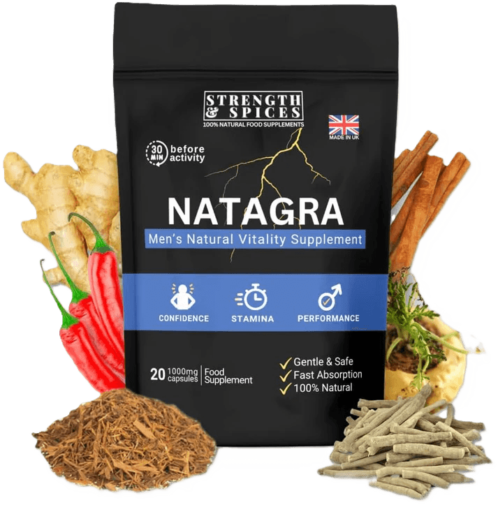 Natagra Male Vitality Supplement by Strength & Spices, 1000mg capsules, featuring natural ingredients for supporting male strength and vitality.