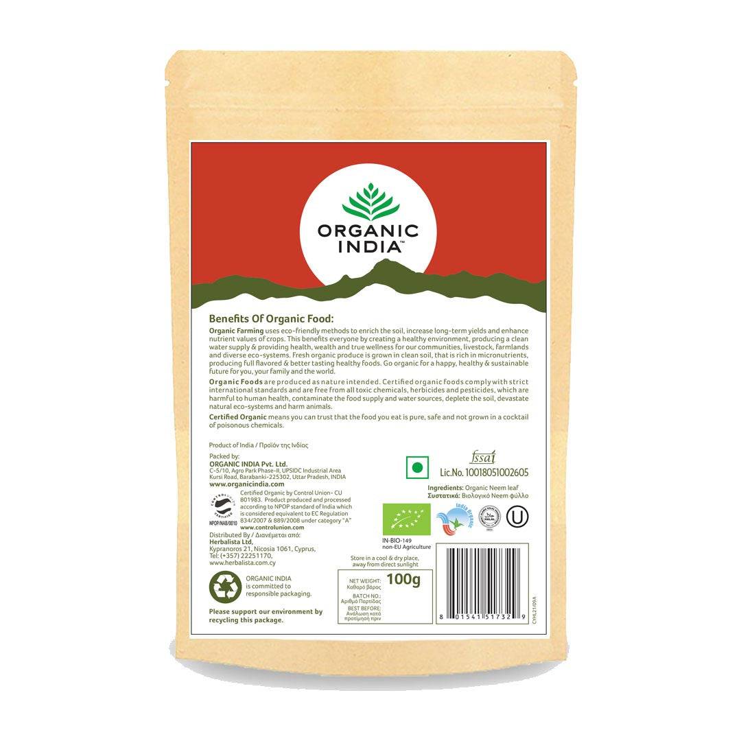 Organic India Bio Neem Powder 100g, herbal supplement in a jar, showing the back label of the Neem product from Herbalistas.