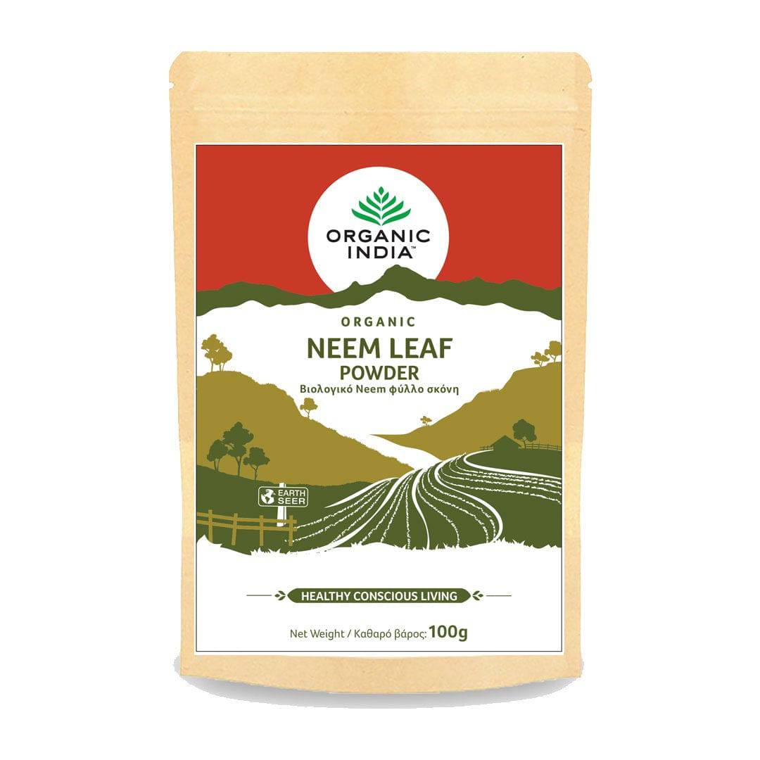 Organic India BIO Neem Powder 100g by Herbalistas, front view showing the natural green powder in a clear container.