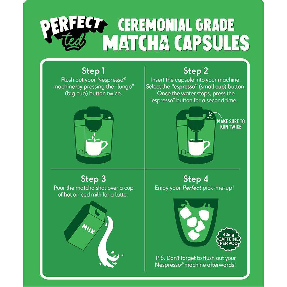 Herbalistas PerfectTed ceremonial grade matcha in Nespresso-compatible capsules, showcasing green matcha powder capsules on a neutral background.