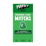 Herbalistas PerfectTed ceremonial grade matcha in 10 Nespresso-compatible capsules, vibrant green powder in sleek packaging.