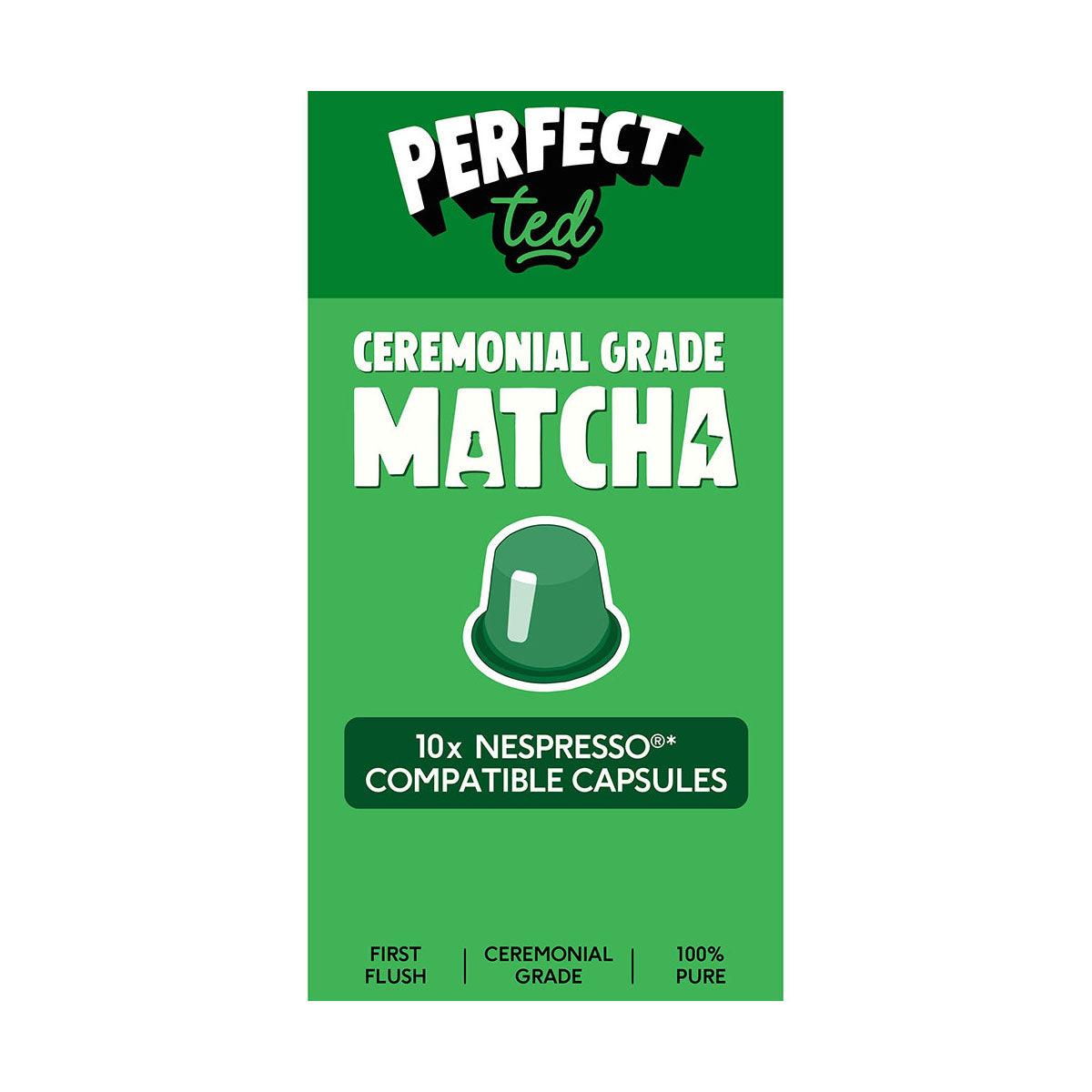 Herbalistas PerfectTed ceremonial grade matcha in 10 Nespresso-compatible capsules, vibrant green powder in sleek packaging.