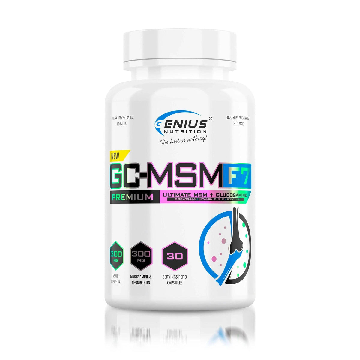 Genius Nutrition GC-MSMF7 supplement bottle with 90 capsules, showing the label and product packaging on a white background.