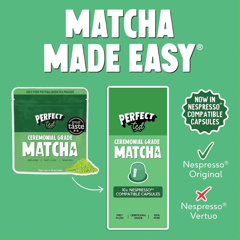 Herbalistas PerfectTed ceremonial grade matcha in 10 Nespresso-compatible capsules, vibrant green powder in sleek capsule packaging.