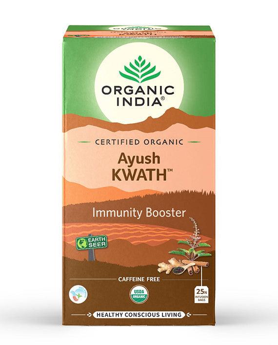 Organic India BIO Tulsi Ayush Kwath Tea in a box of 25 caffeine-free infusion bags, herbal blend for wellness and immunity.