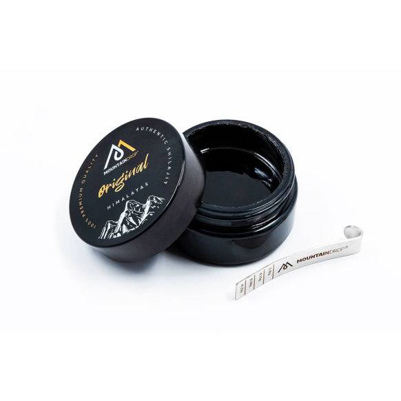 Herbalistas MountainDrop Original 100% Pure Natural Mumijo Shilajit Resin supplement, 45g jar with dark resin in a clear container.