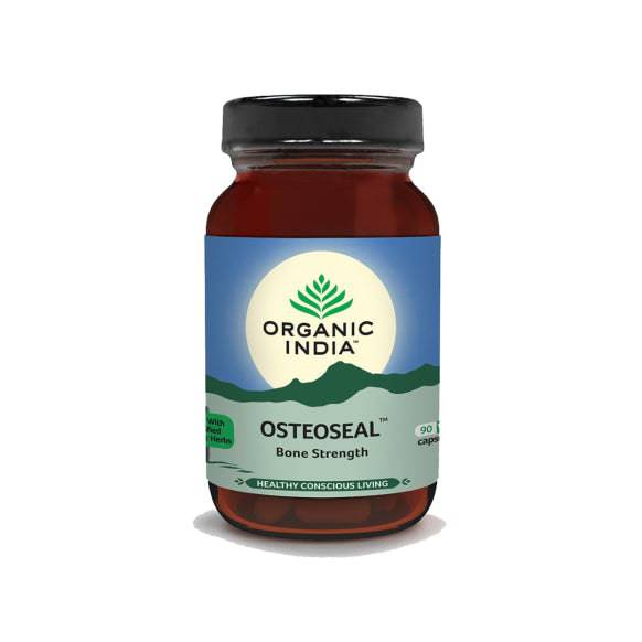 Organic India BIO Osteoseal herbal supplement capsules by Herbalistas, showing a bottle of 90 capsules on a white background.