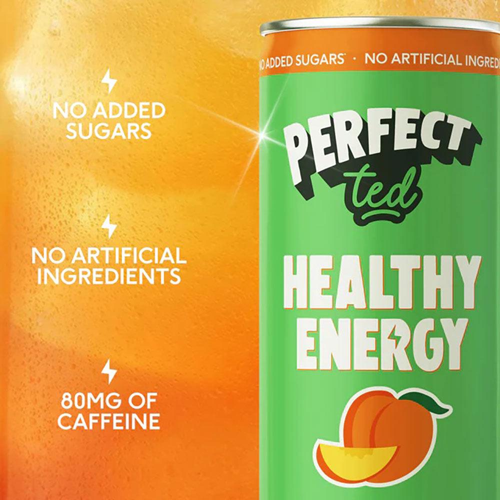 Herbalistas PerfectTed Ceremonial Matcha Energy Drink with Juicy Peach flavor in a 250ml bottle, vibrant peach-colored beverage.