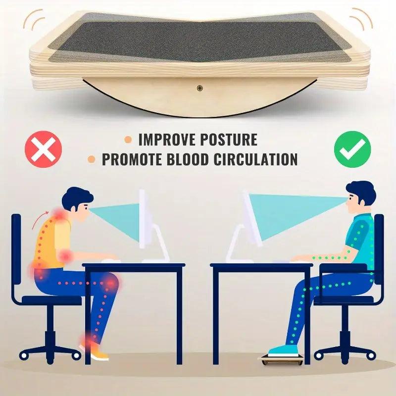 Wooden balance board by TEMU for improving posture and stability, shown in a person balancing on the accessory.
